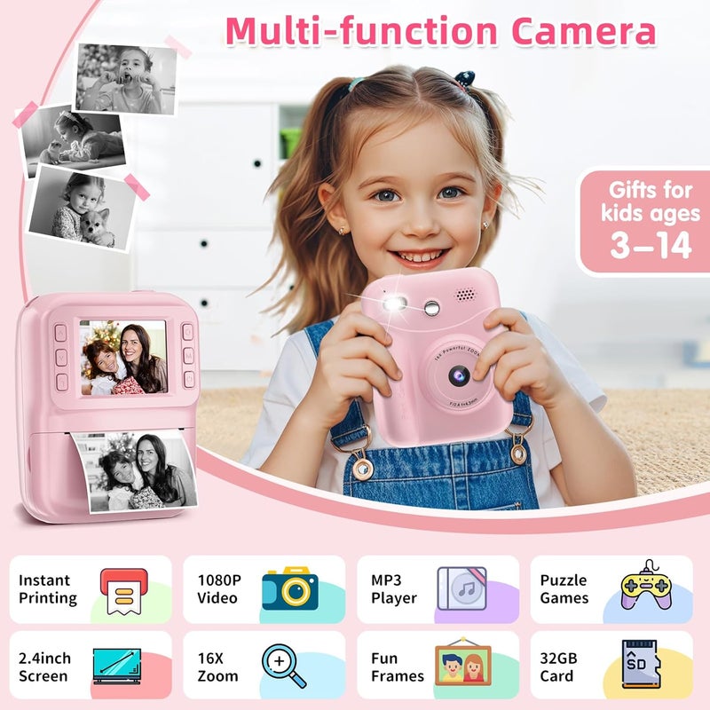 MINIBEAR Kids Camera Instant Print Camera for Kids Digital Camera Toddler Toys Christmas Birthday Gifts for 3 4 5 6 7 8 9 10 Year Old Girls Boys, Pink - Image 2